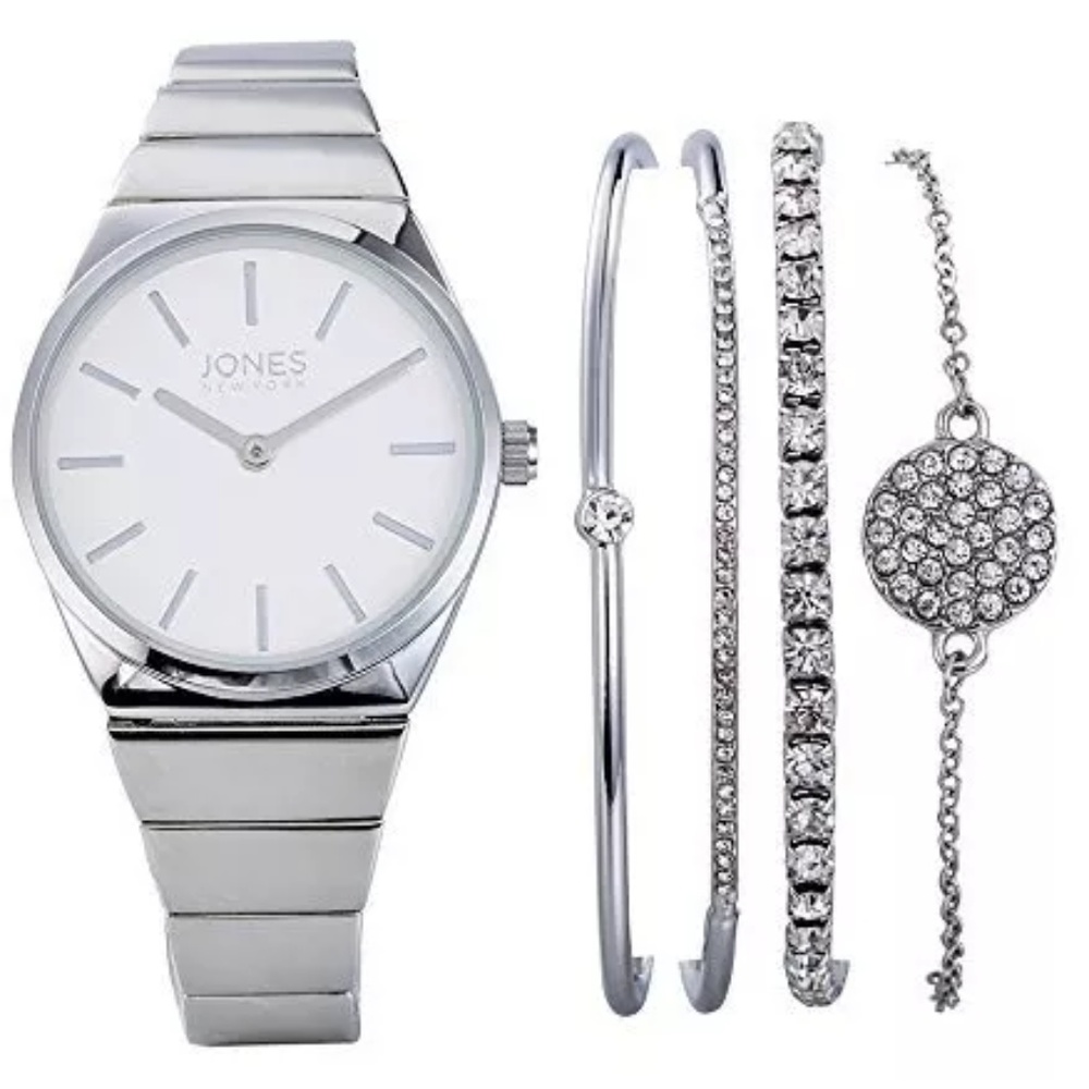 Women Analog Watch & Bracelets Set Silver Tone